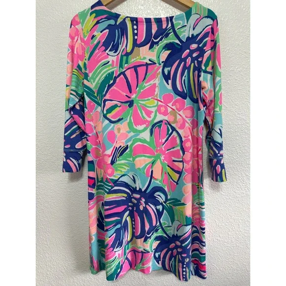 Lilly Pulitzer XL Tropical Floral Sophia Print Shift Dress Gold Button 17412